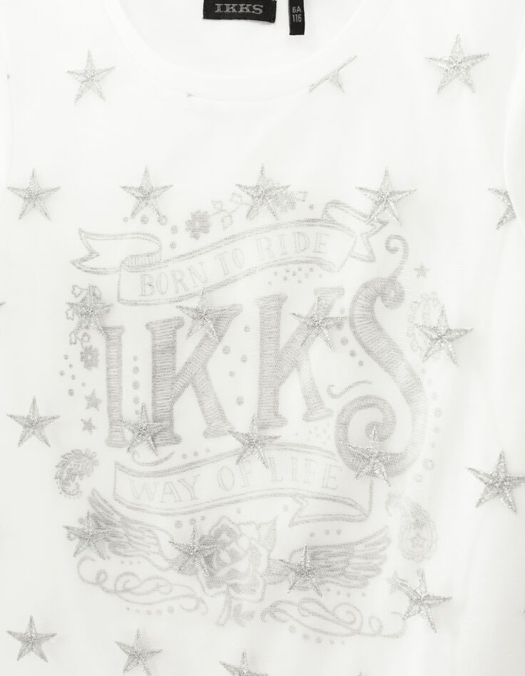 Girls&rsquo; white star embroidered tulle mixed-fabric T-shirt-2