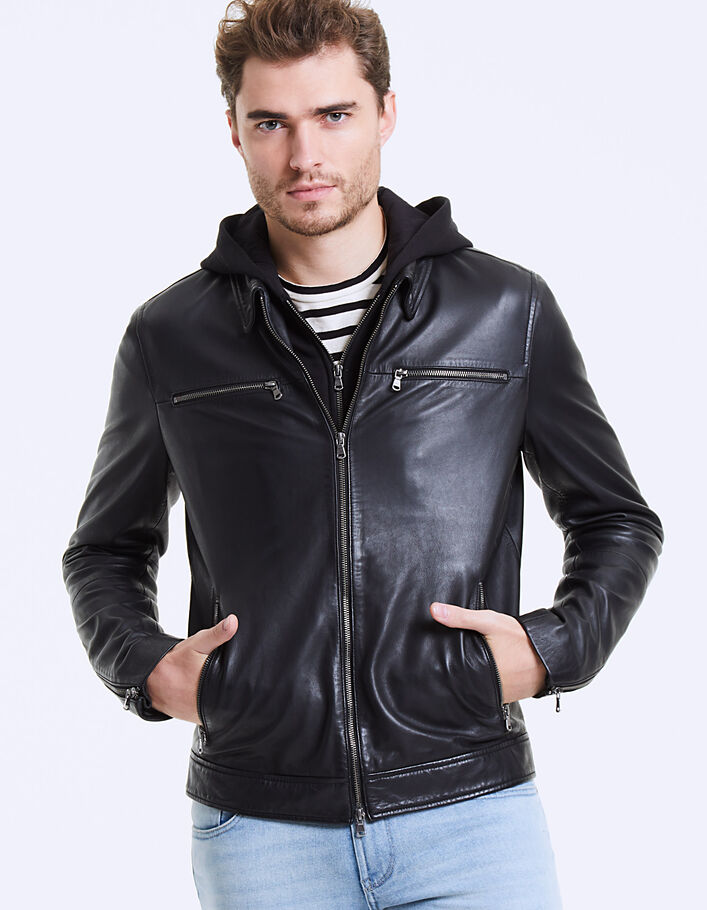 Men’s black leather hooded jacket - IKKS