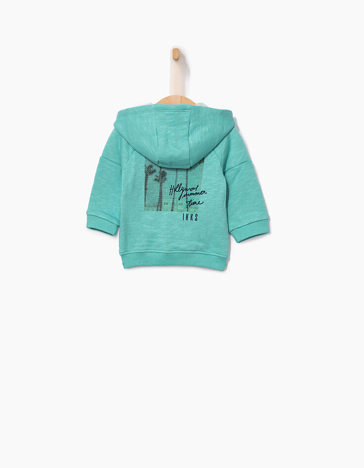 Türkisgrüne Baby-Strickjacke mit Palmen hinten -2