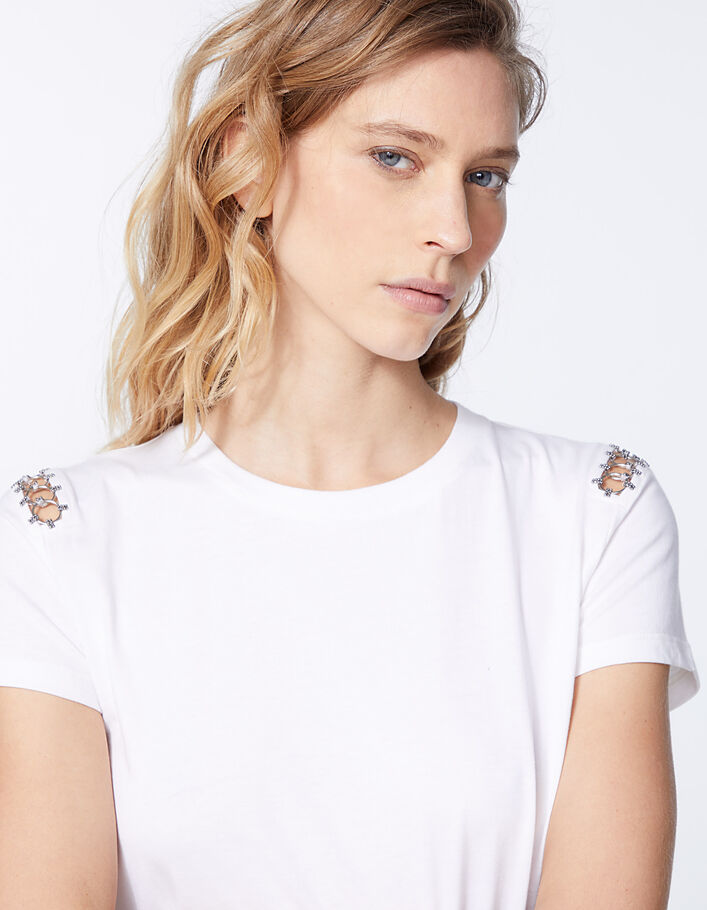 Cremeweißes Damen-T-Shirt aus Biobaumwolle mit Zierringen - IKKS