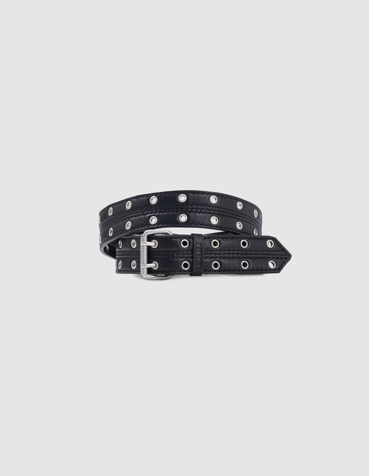 Ceinture noire cuir décor double œillets Femme-1
