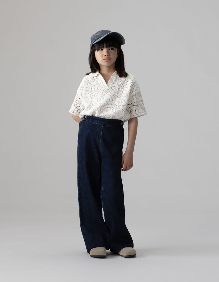 Top manches courtes blanc col polo crochet ajouré fille-3 Top manches courtes blanc col polo crochet ajouré fille-3
