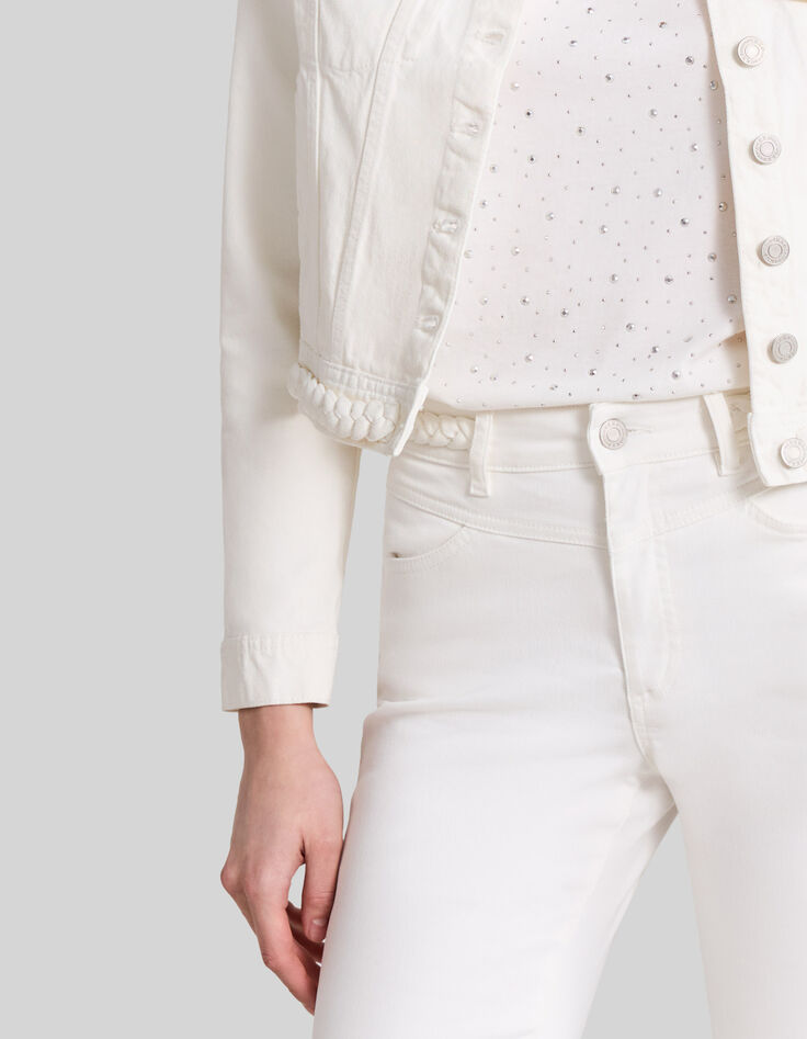 Cremefarbene Jeansjacke für Damen mit Zopfmuster-4