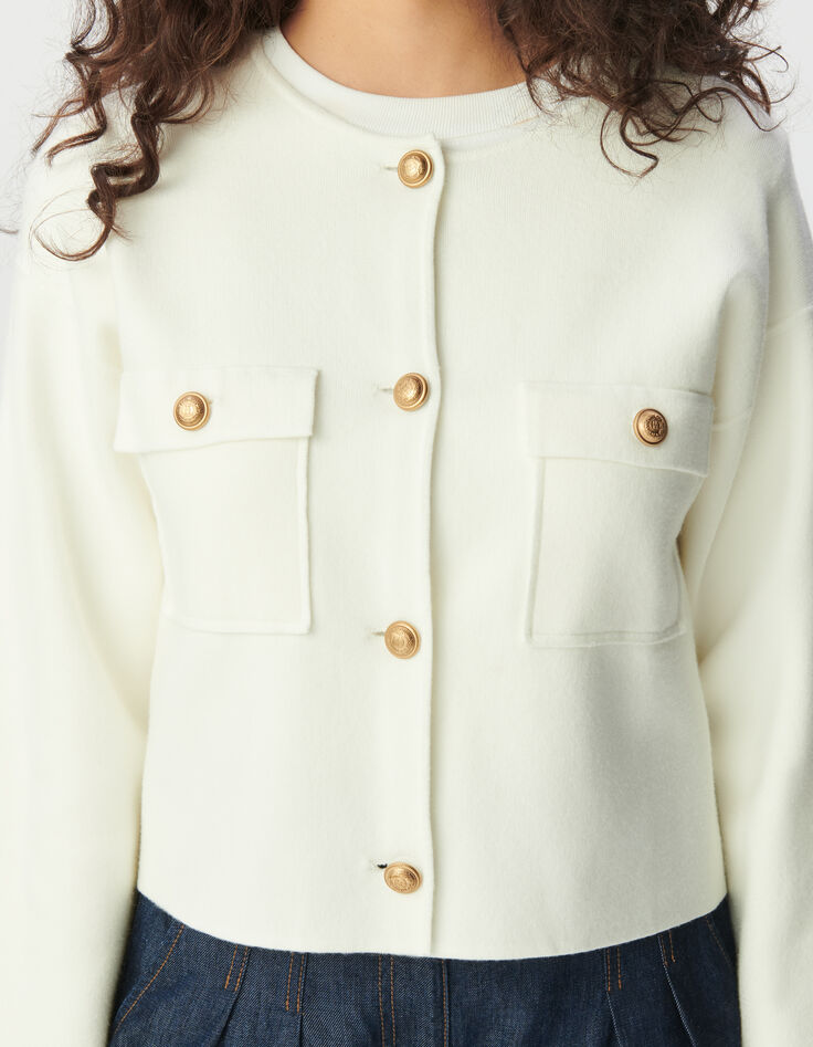 Women’s white knit short cardigan with patch pockets-5