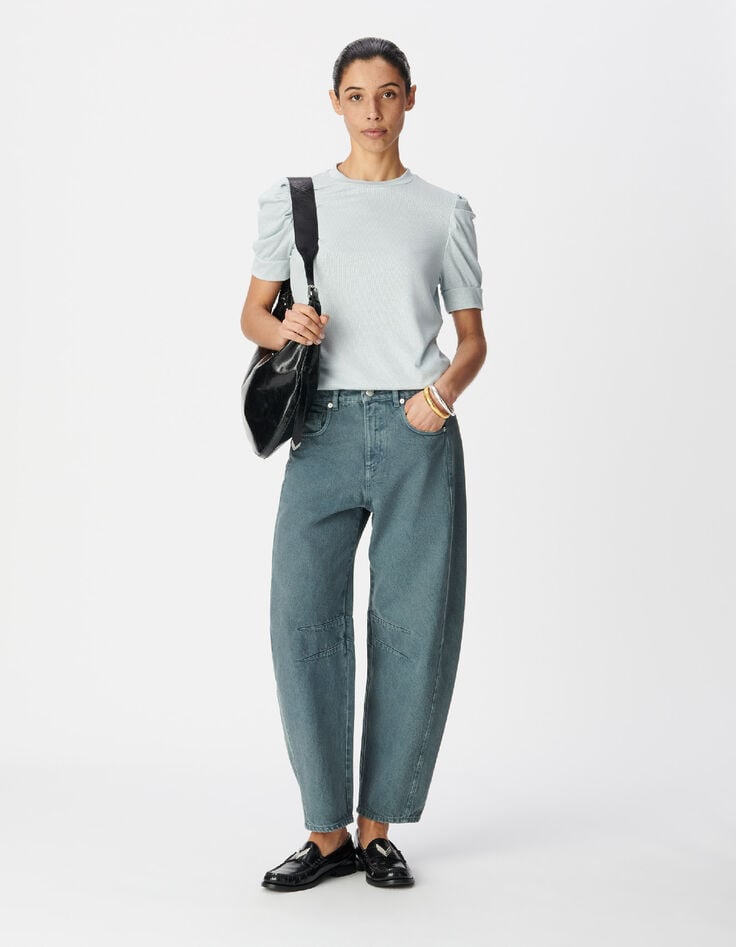 Dames-T-shirt met blauwe lovertjes en gerimpelde mouwen Ronde halslijn-2