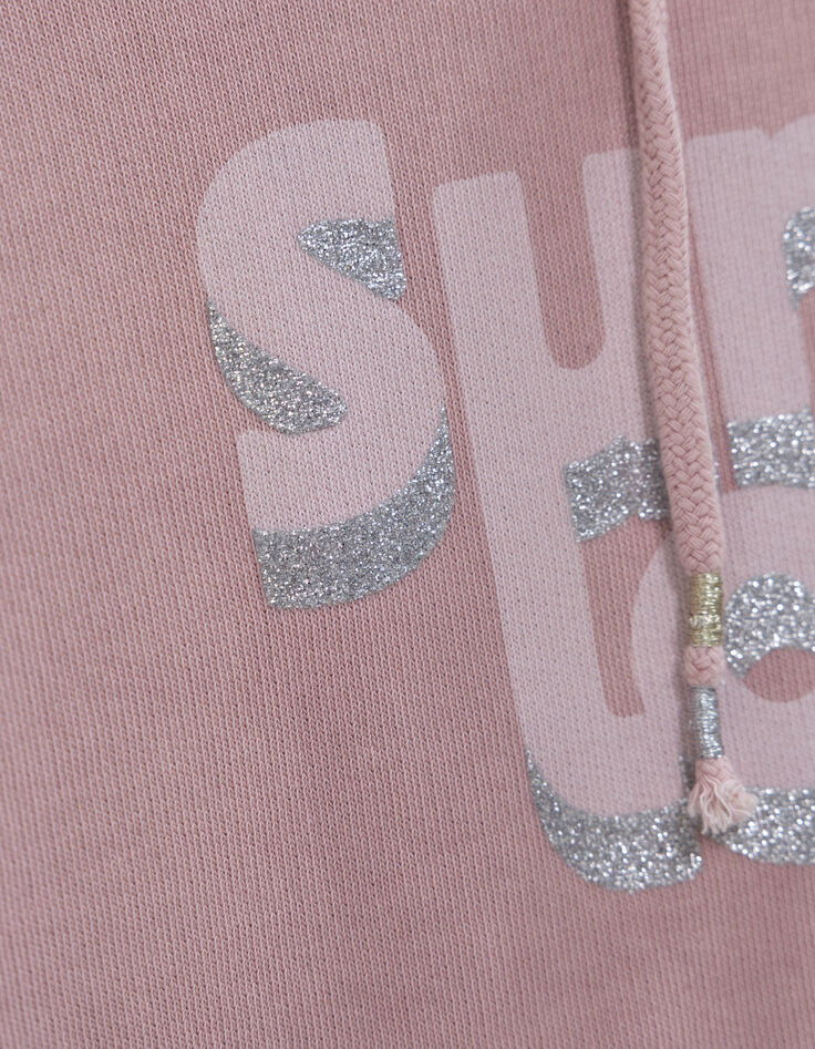 Sweat rose cropped à capuche message pailleté fille-7