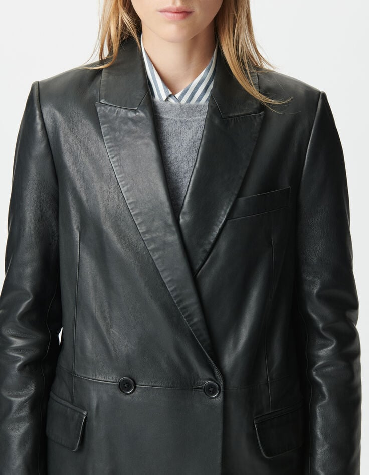 Abrigo largo negro cuero oversize mujer-6