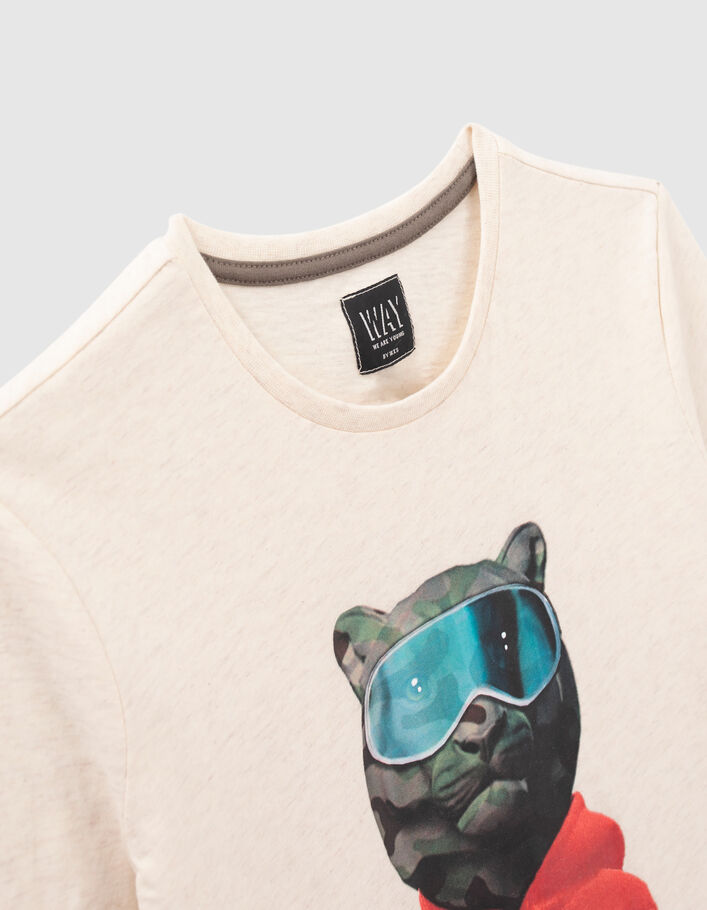 Boys’ beige marl T-shirt with camouflage bear image - IKKS