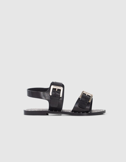 Women’s black leather sandals, studded welt, double strap - IKKS