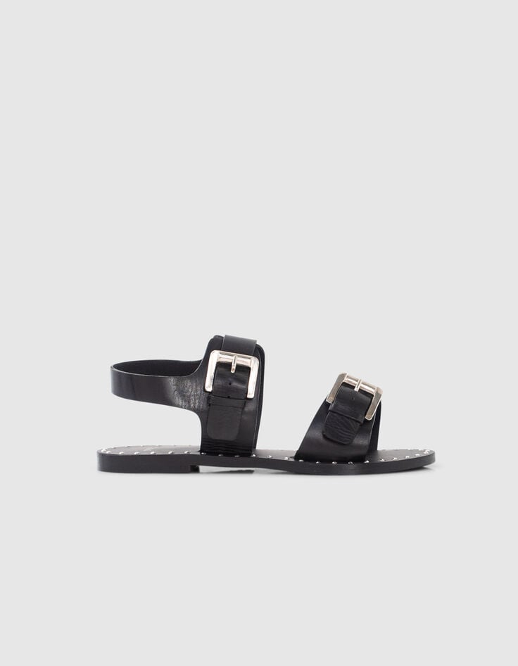 Schwarze Damen-Ledersandalen gesteppte Doppelriemen Nieten-1