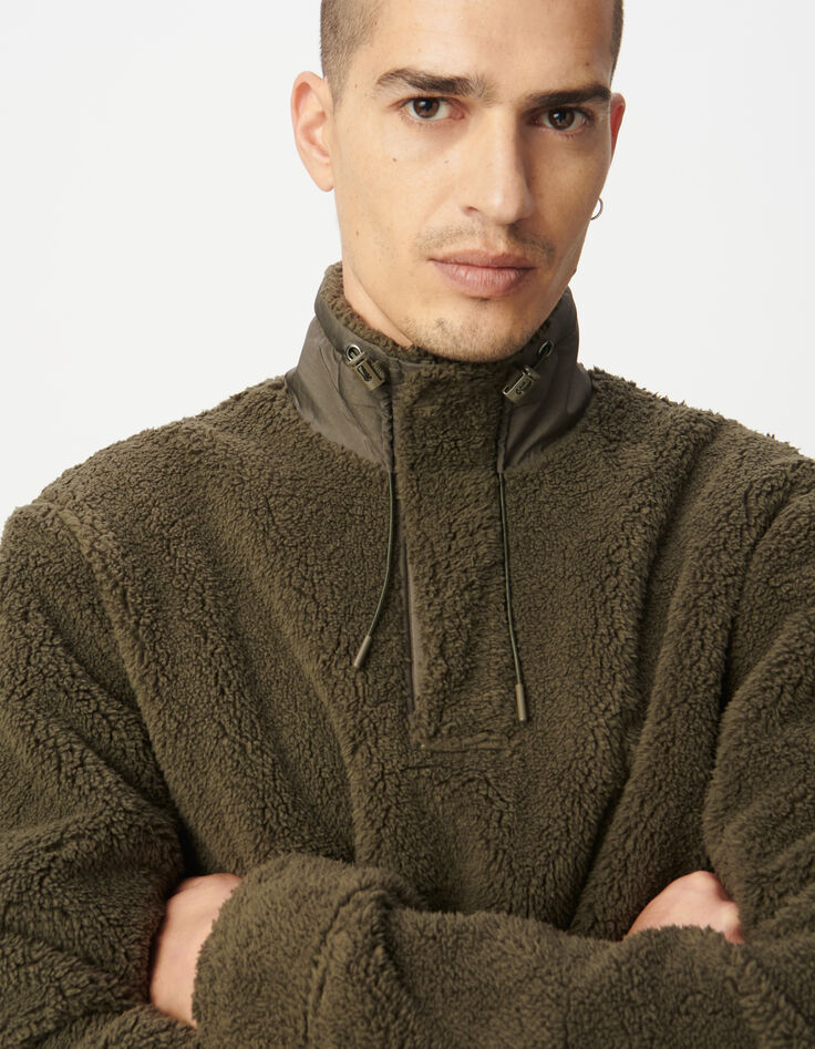 Men’s khaki sherpa knit sweatshirt with zipped neck-4
