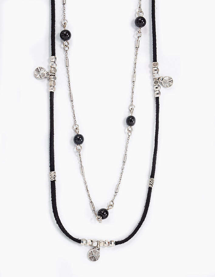 Women’s black leather and silver chain long necklaces