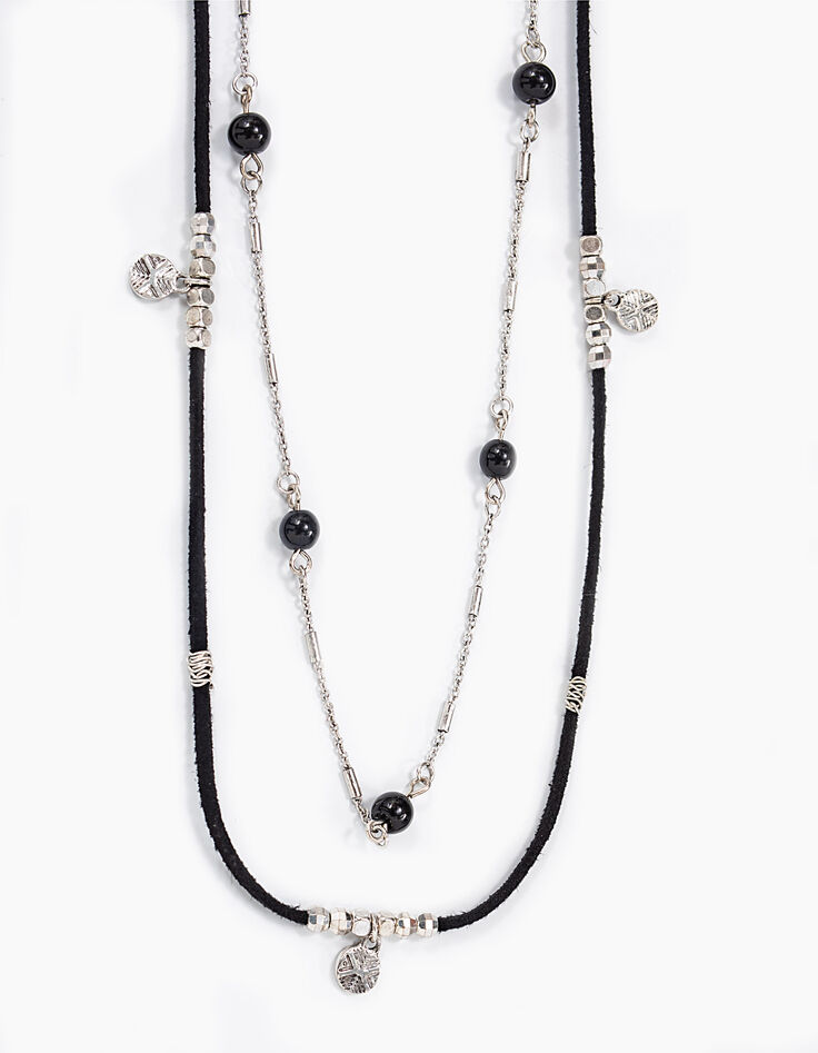 Collar largo doble cuero negro cadena metal plata mujer-2 Collar largo doble cuero negro cadena metal plata mujer-2