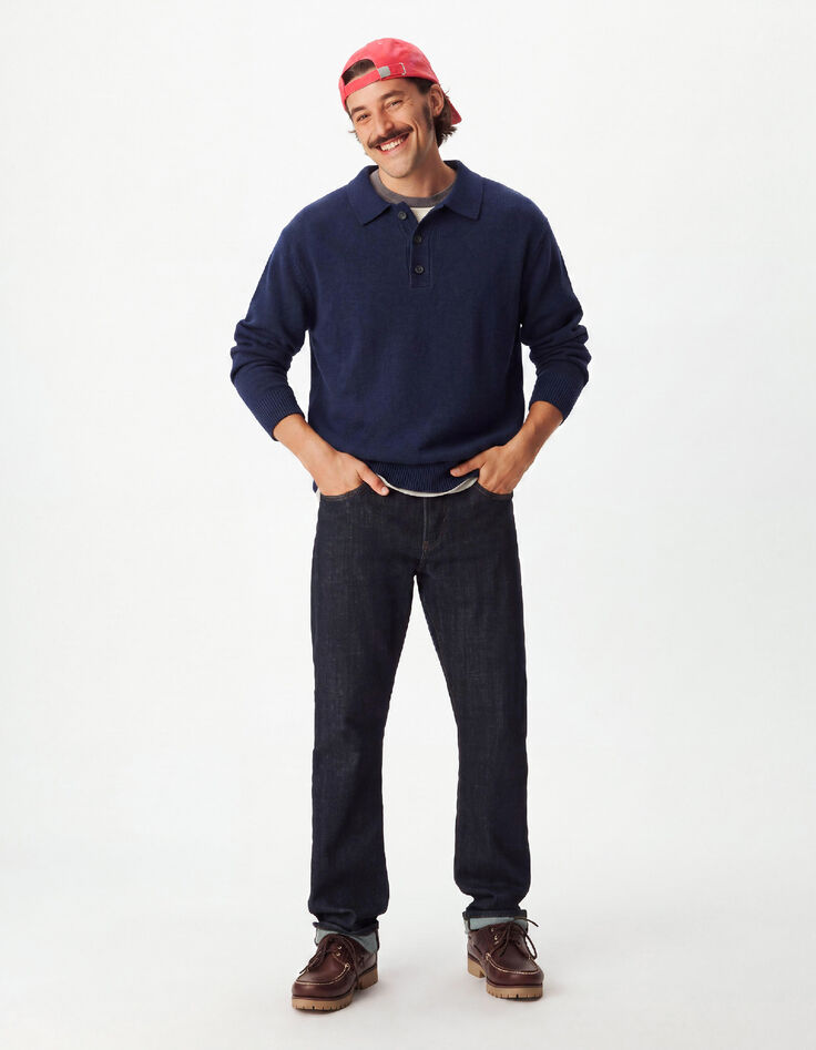 Pull marine tricot col polo boutonn&eacute; Homme-3