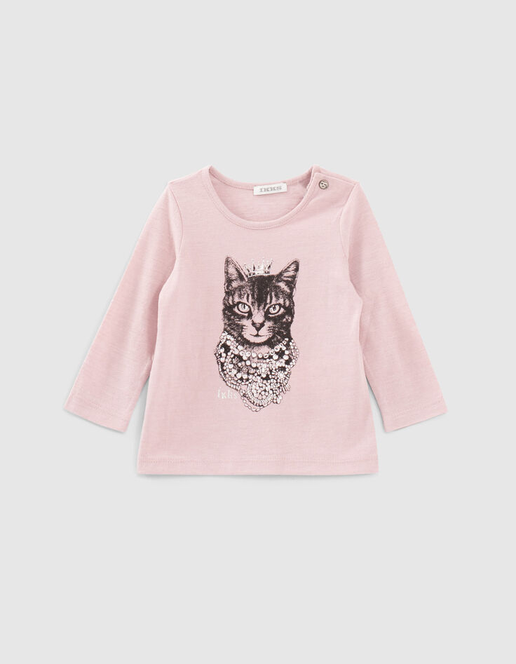 Camiseta rosa empolvado gato-corona bebé niña-1