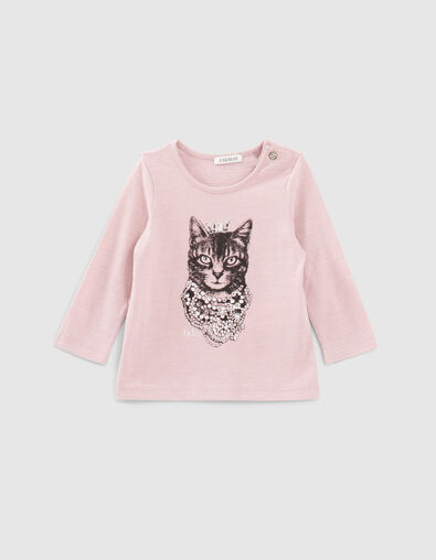 Baby girls’ powder pink cat with crown image T-shirt - IKKS