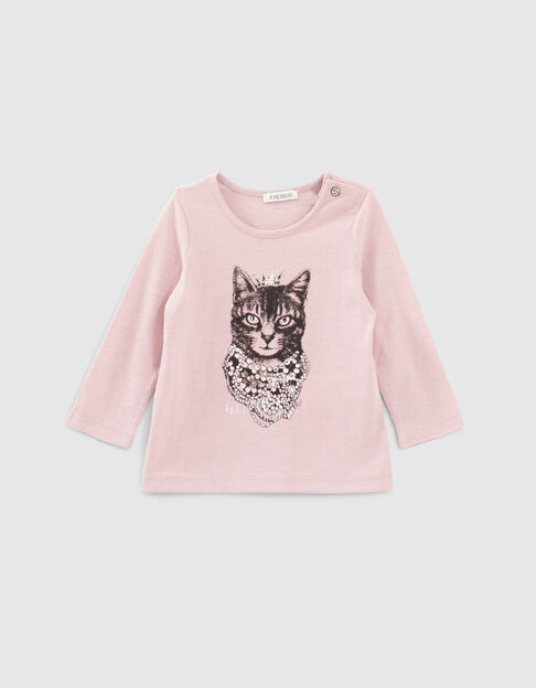 T-shirt rose poudré visuel chat-couronne bébé fille