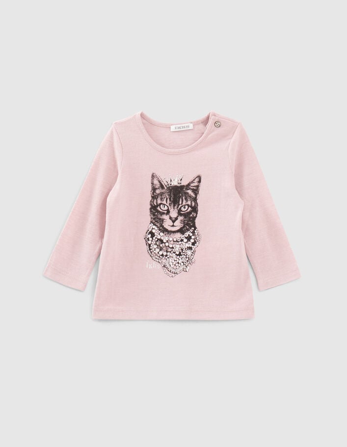 T-shirt rose poudré visuel chat-couronne bébé fille-1