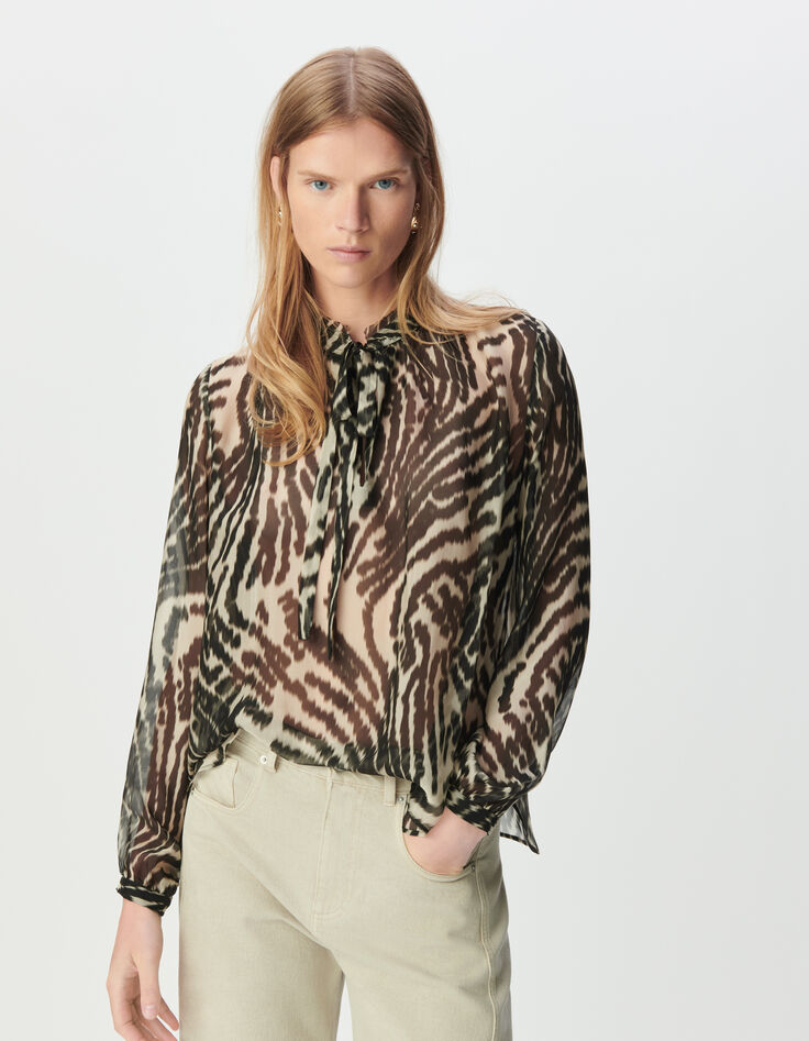 Blouse lavallière noire imprimé zébra Femme-2