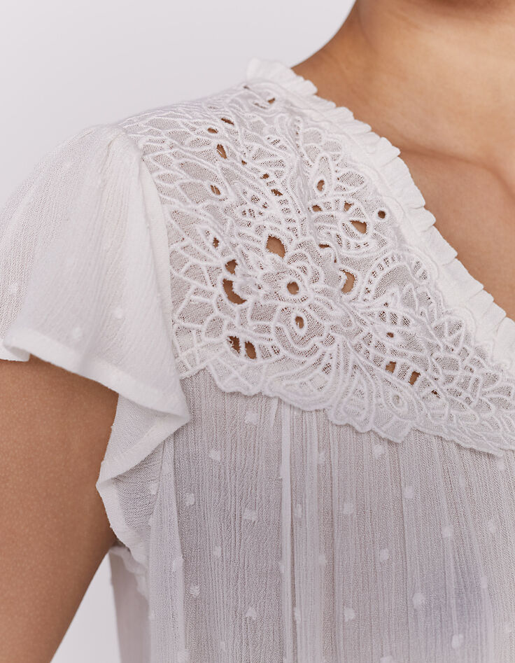 Women’s ecru embroidered dotted Swiss viscose top-4