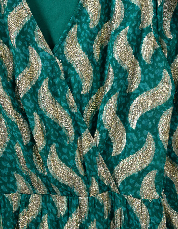 Robe longue émeraude imprimé feuilles dorées Femme-7