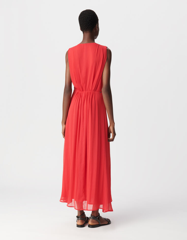 Robe longue rouge détail plissé taille Femme-3