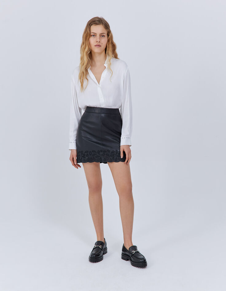 Women’s black embroidered leather short skirt-6