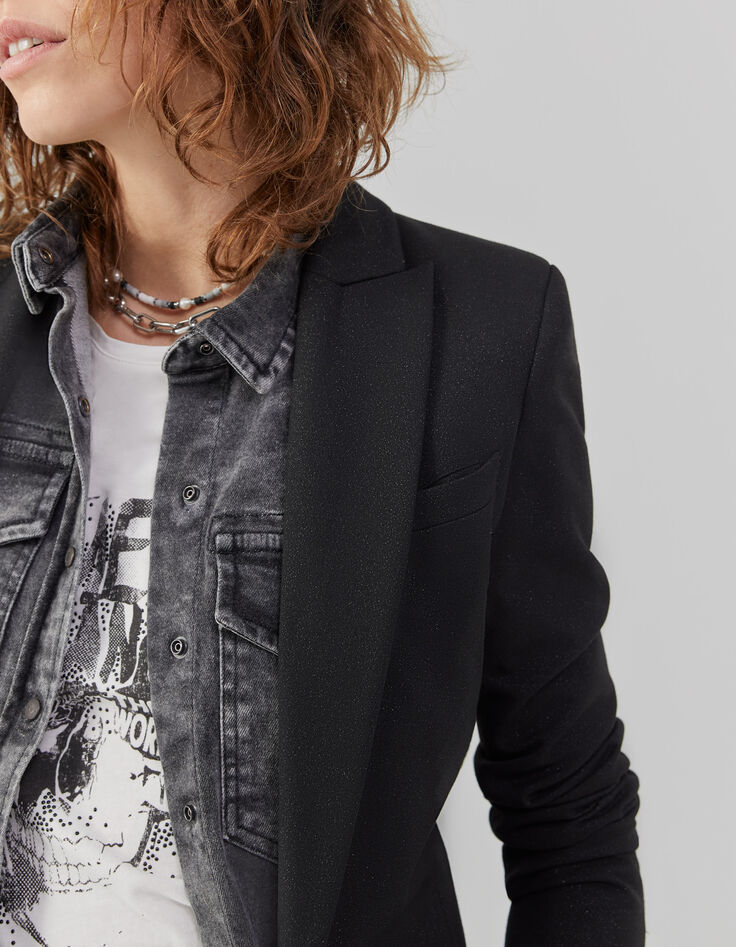 Langer, schwarzer Metallic-Damenblazer-3