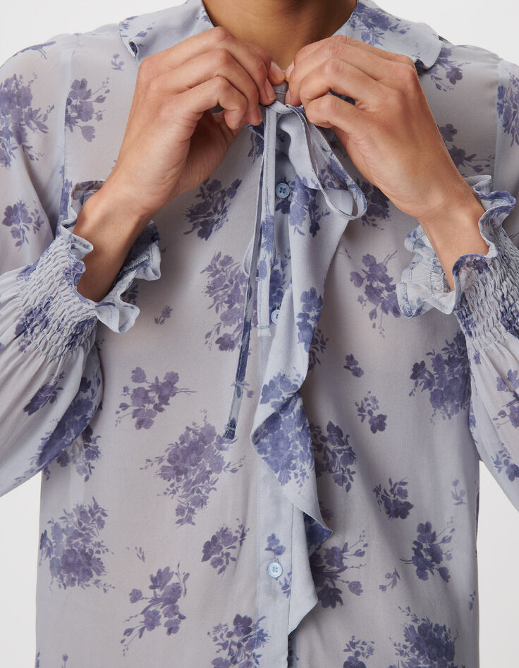 Women's blue micro flower print flowing shirt-5