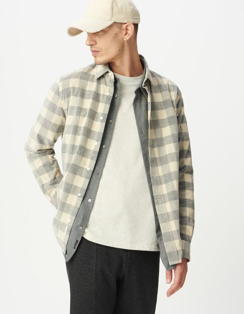 Men’s beige organic cotton velvet check regular shirt Men’s beige organic cotton velvet check regular shirt - IKKS