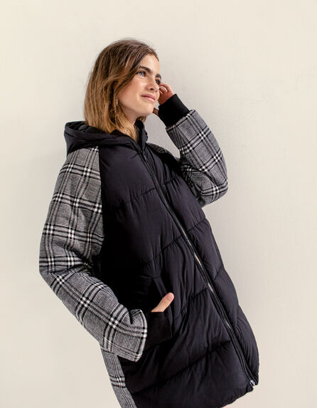 Girls’ black and mixed fabric check long padded jacket 