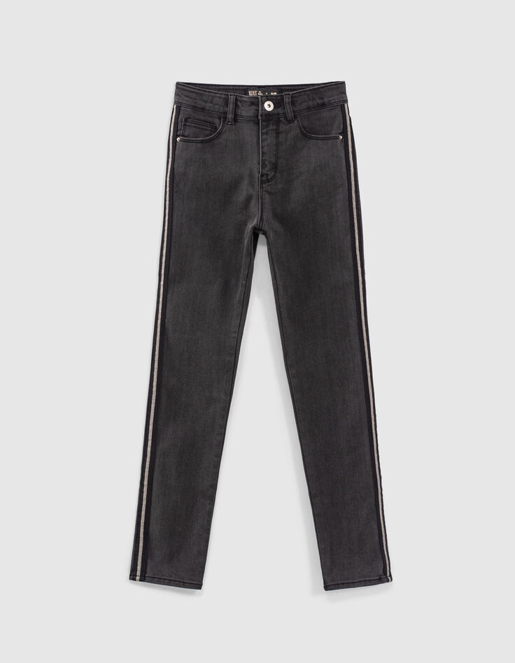 Black Used Slim-Mädchenjeans mit Seitenbändern-1