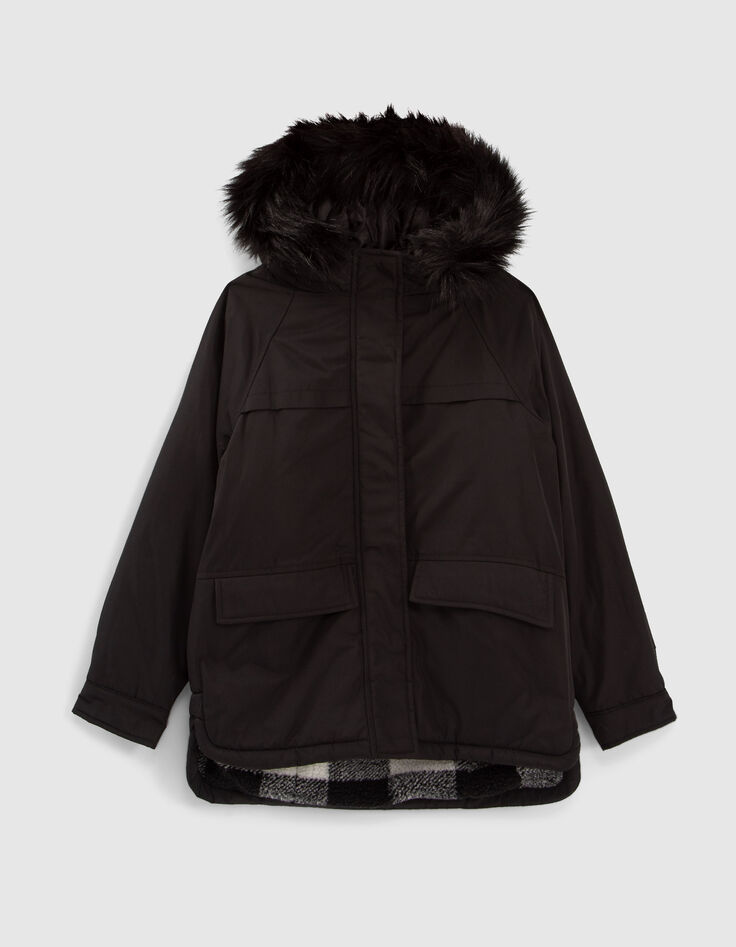 Zwarte parka geruite Sherpavoering meisjes-1