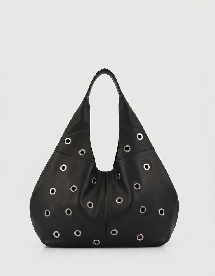 Schwarzes Leder Hobo Tasche maxi &Ouml;sen Design Gr&ouml;&szlig;e L Damen-1