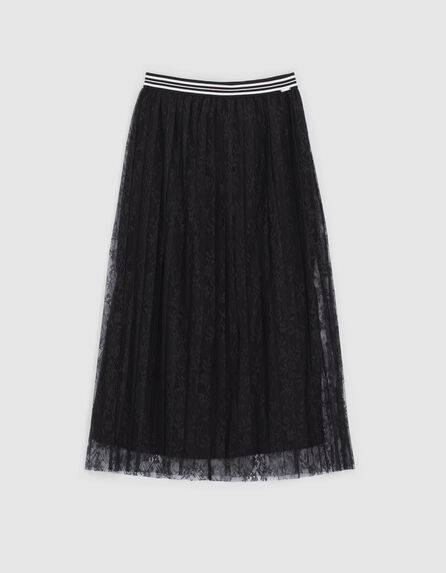 Girls’ black pleated lace long skirt