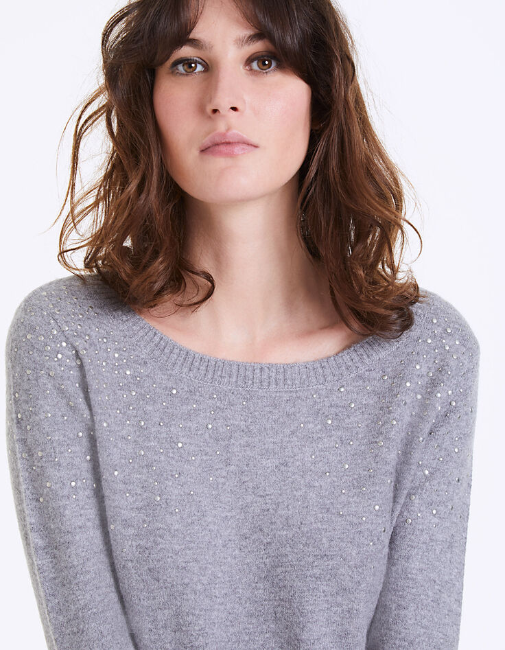 Pull gris en laine mousseuse détails studs femme-4