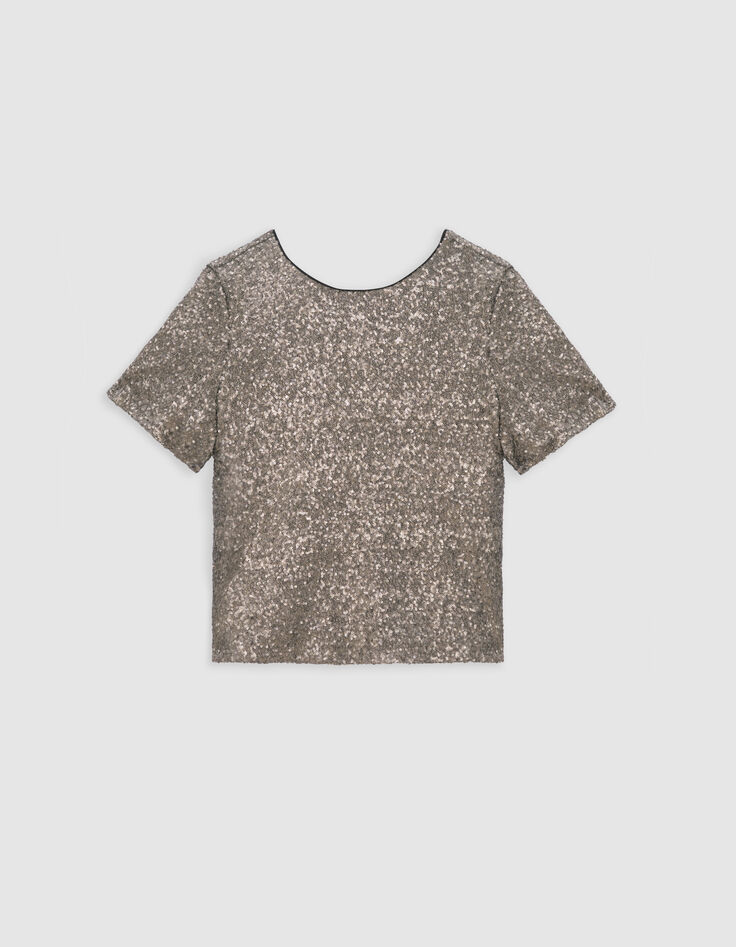 Top gris manche courte brodé sequins métallisés Femme-6