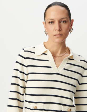 Pull marinière blanc tricot col polo