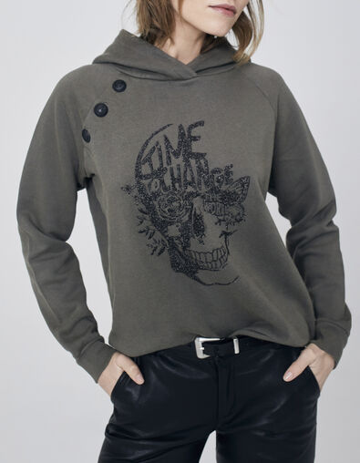 Sudadera con capucha caqui botones hombros calavera mujer - IKKS
