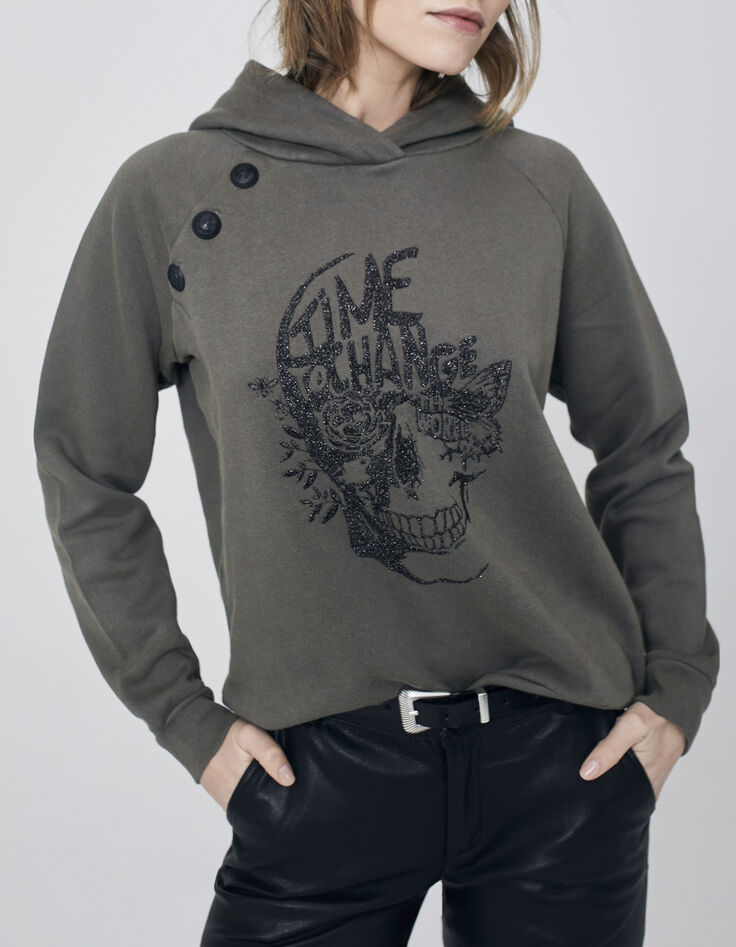 Sudadera con capucha caqui botones hombros calavera mujer-1