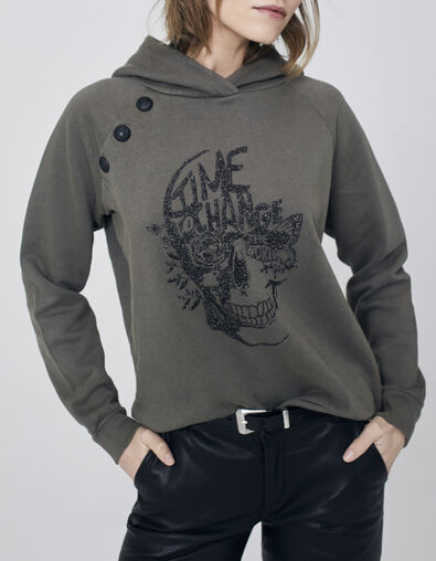 Women’s khaki hoodie with skull and buttons on shoulders - IKKS