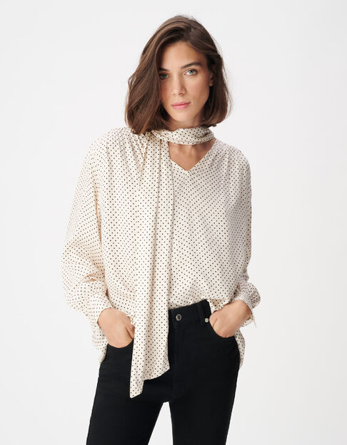 Blouse &eacute;crue satin&eacute;e motif pois col lavalli&egrave;re Femme - IKKS