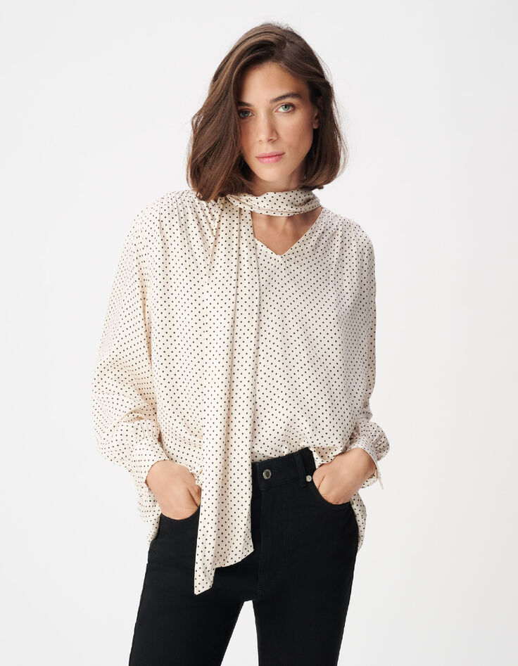 Blouse &eacute;crue satin&eacute;e motif pois col lavalli&egrave;re Femme-3