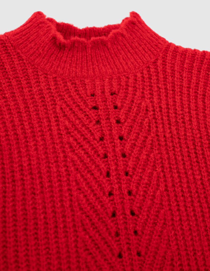 Pull rouge clair tricot avec volants fille - IKKS