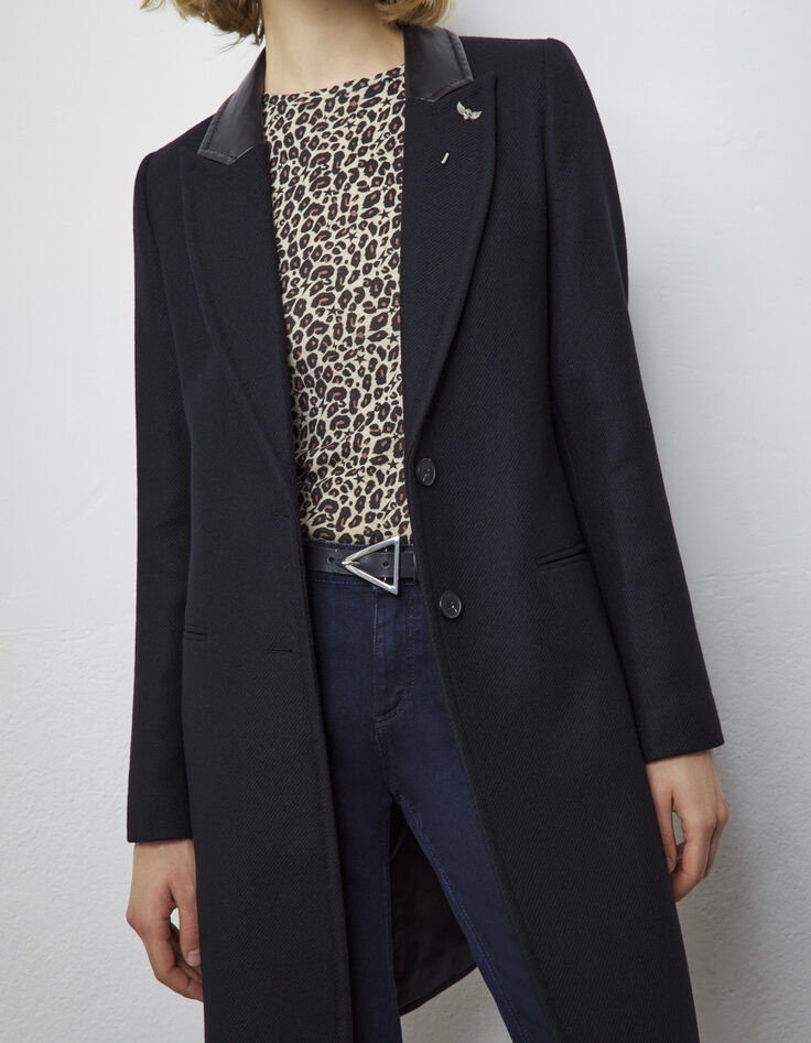 Women’s black shirt collar coat, grey trompe l'œil band-2