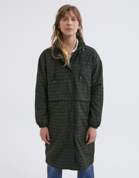Parka larga caqui nailon motivo gráfico army mujer