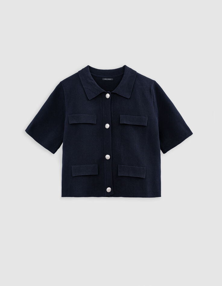 Marineblaue kurze STRICKJACKE für Damen mit eingravierten Knöpfen-5