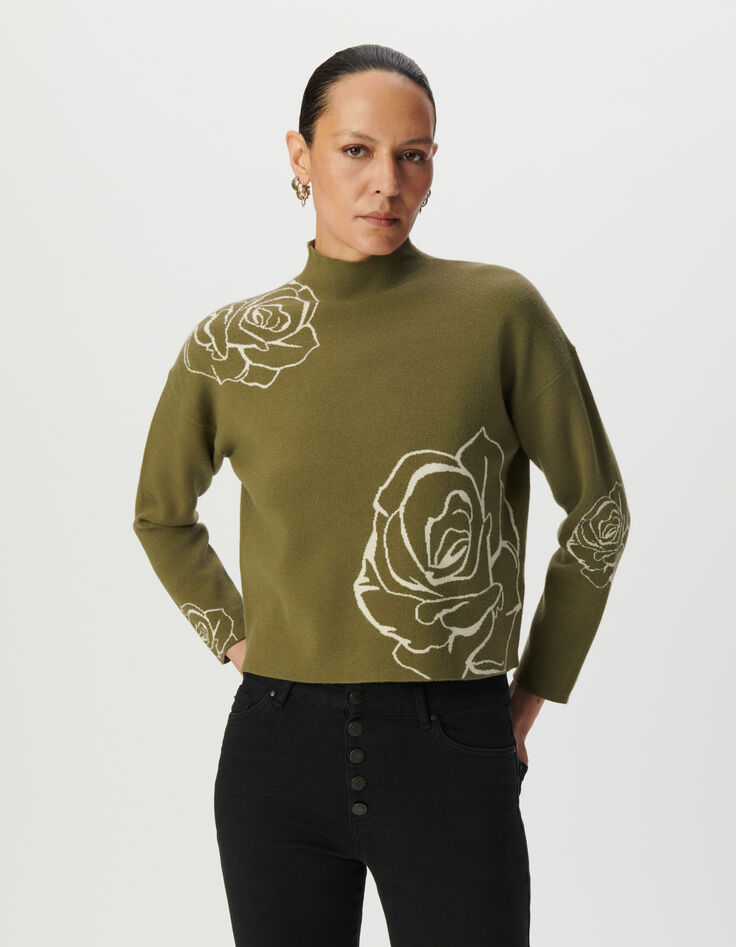 Jersey cuello alto verde punto jacquard rosas mujer-2