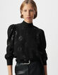 Blouse manche longue noire motif léopard brodé sequins Femme-5
