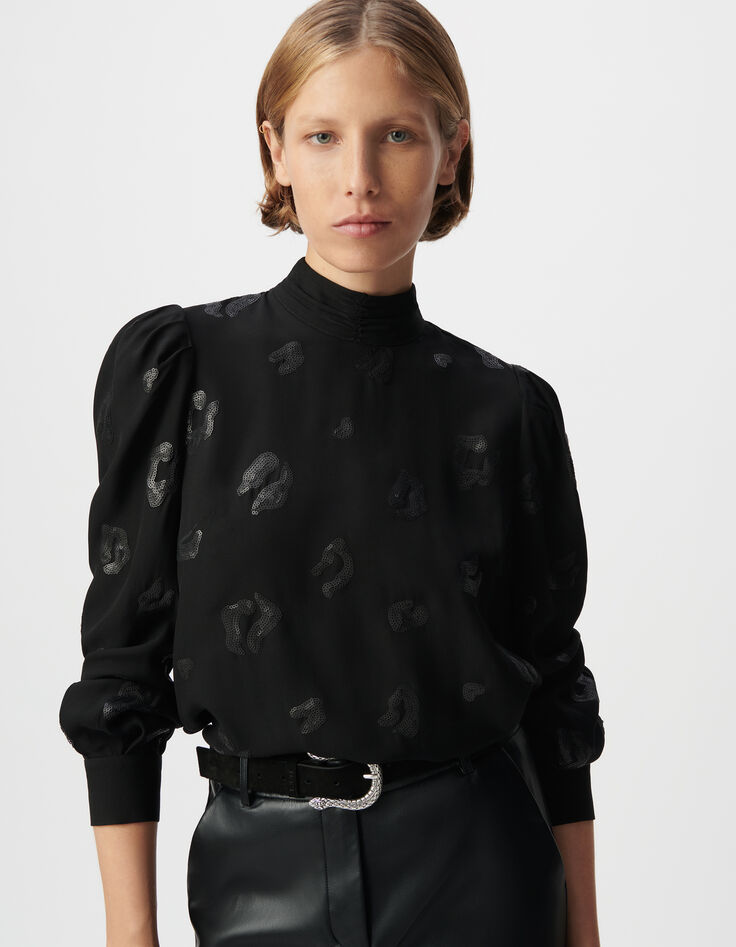 Blouse manche longue noire motif léopard brodé sequins Femme-5